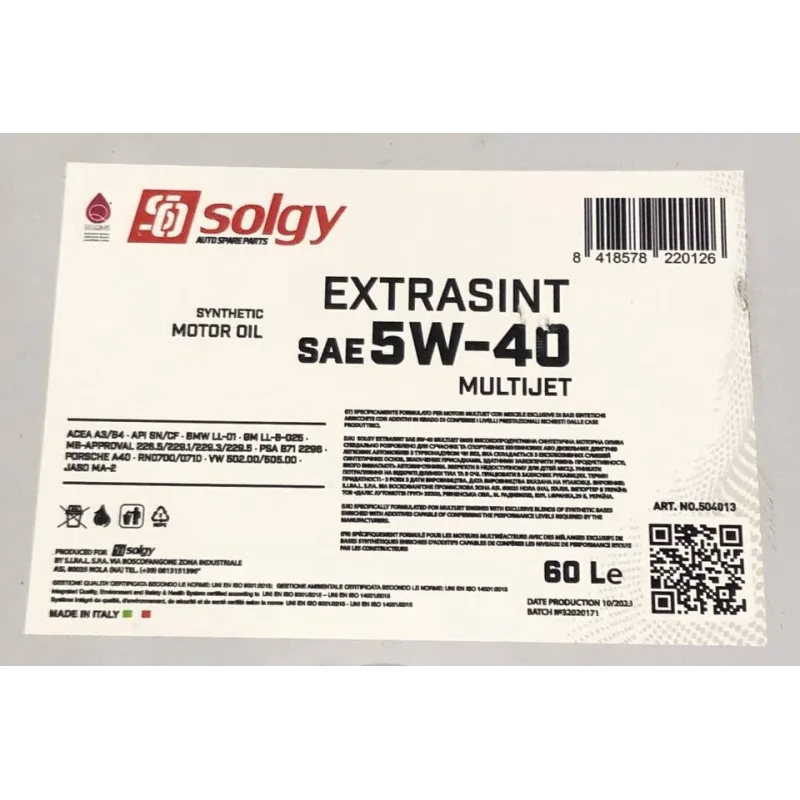 Олива 5W40 EXTRASINT MULTIJET (60L) (RN 0700/0710/MB226.51/API SN/CF/ACEA A3/B4)