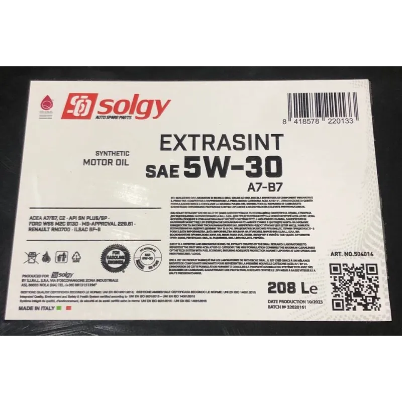 Моторна олива SOLGY EXTRASINT A7-B7 5W30 208л (API SN Plus/SP, ILSAC GF-6, FORD 913D, MB 229.61, RN 0700)