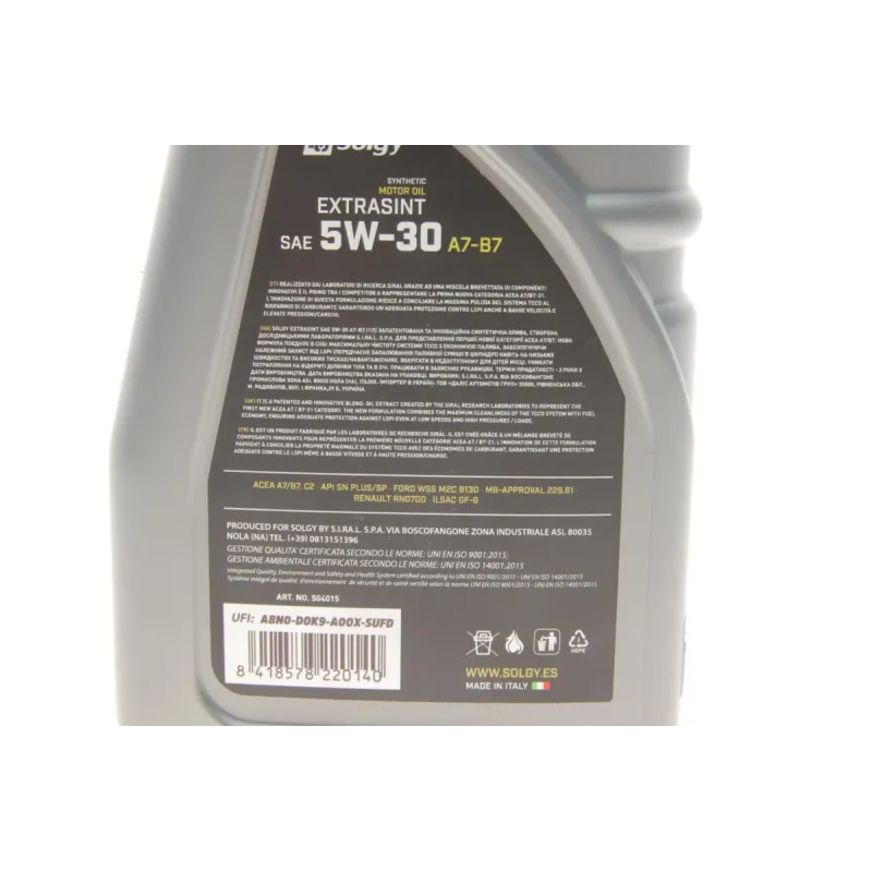 Моторна олива SOLGY EXTRASINT A7-B7 5W30 1L (API SN Plus/SP, ILSAC GF-6, FORD 913D, MB 229.61, RN 0700)