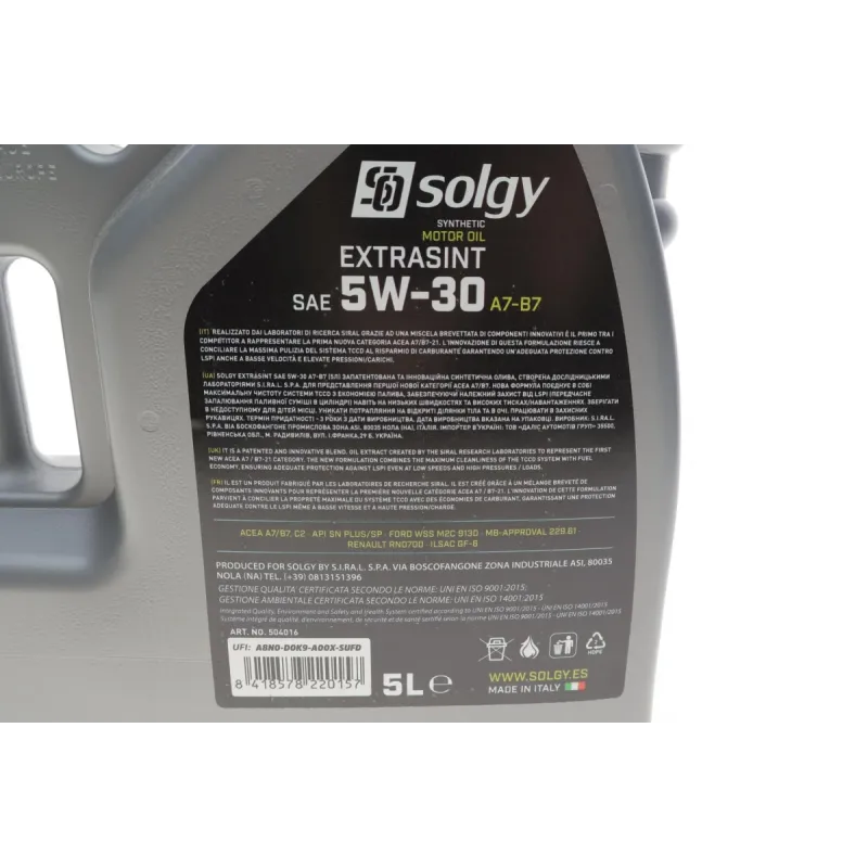 Моторна олива SOLGY EXTRASINT A7-B7 5W30 (5L) API SN Plus/SP, ILSAC GF-6, Ford 913D, MB 229.61, RN 0700