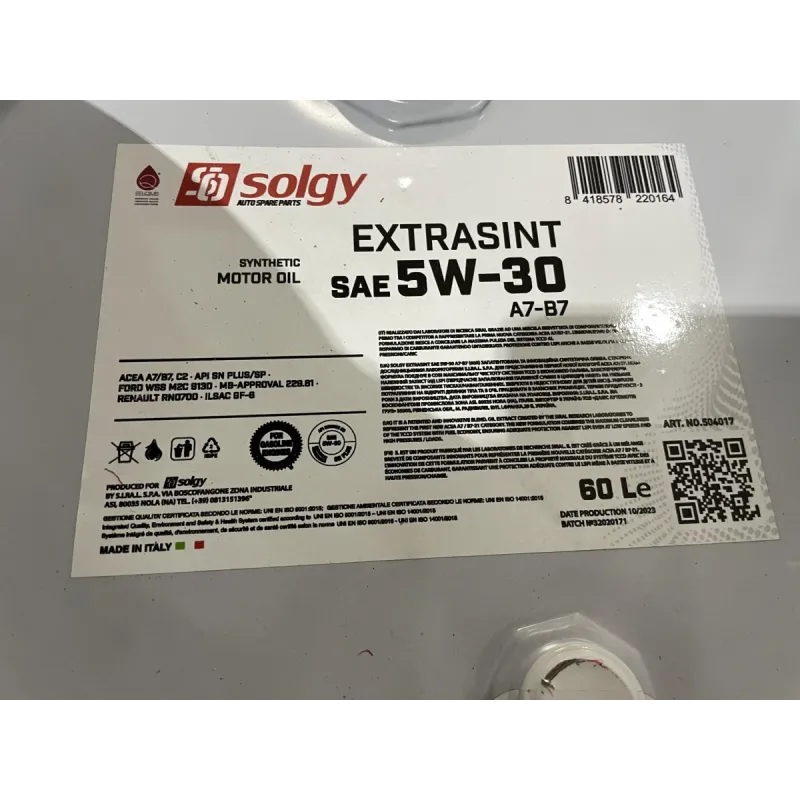 Моторна олива SOLGY EXTRASINT A7-B7 5W30 60л (API SN Plus/SP, ILSAC GF-6, FORD 913D, MB 229.61, RN 0700) 504017