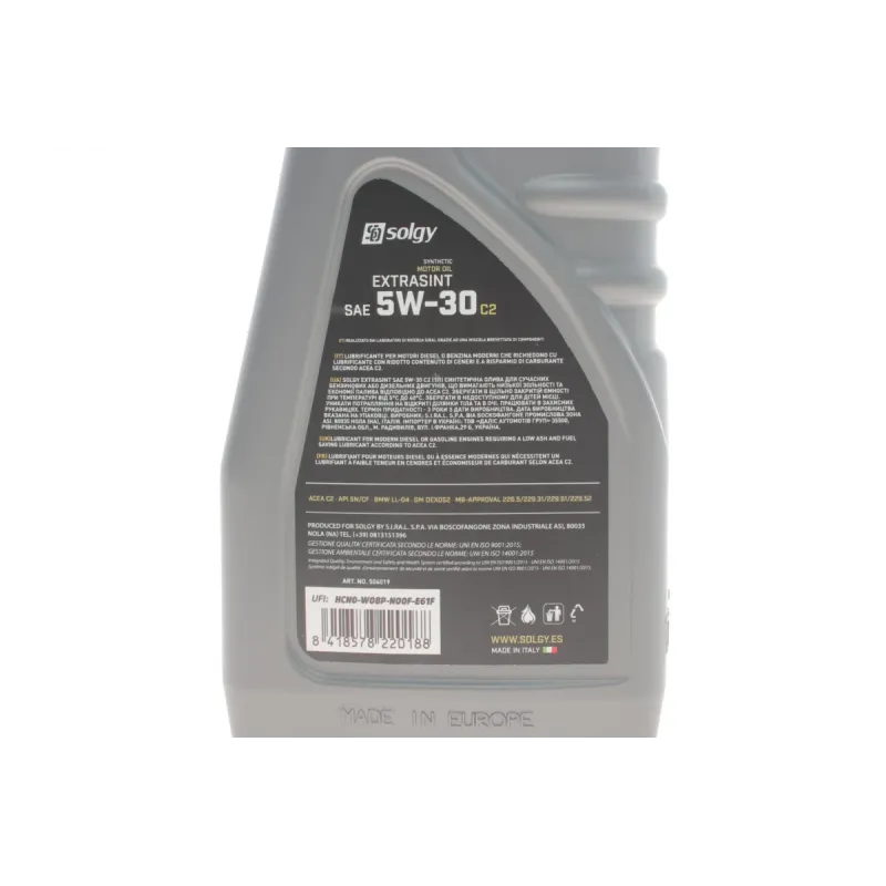 Моторна олива SOLGY EXTRASINT C2 5W30 (1L) API SN/CF, ACEA C2, MB 229.31/229.51/229.52, BMW LL-04