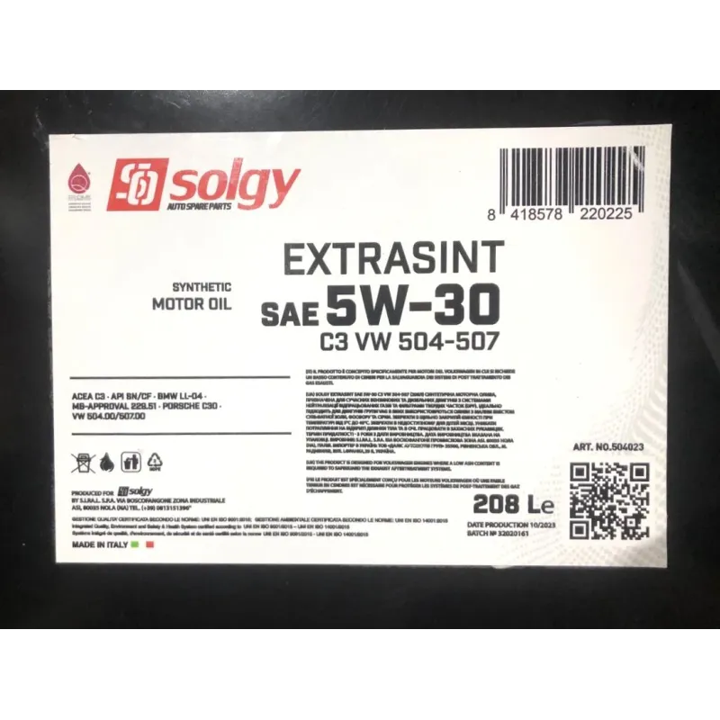 Моторна олива SOLGY EXTRASINT C3 5W30 VW 504.00/507.00 (208л) API SN/CF BMW LL-04 MB 229.51 Porsche C30