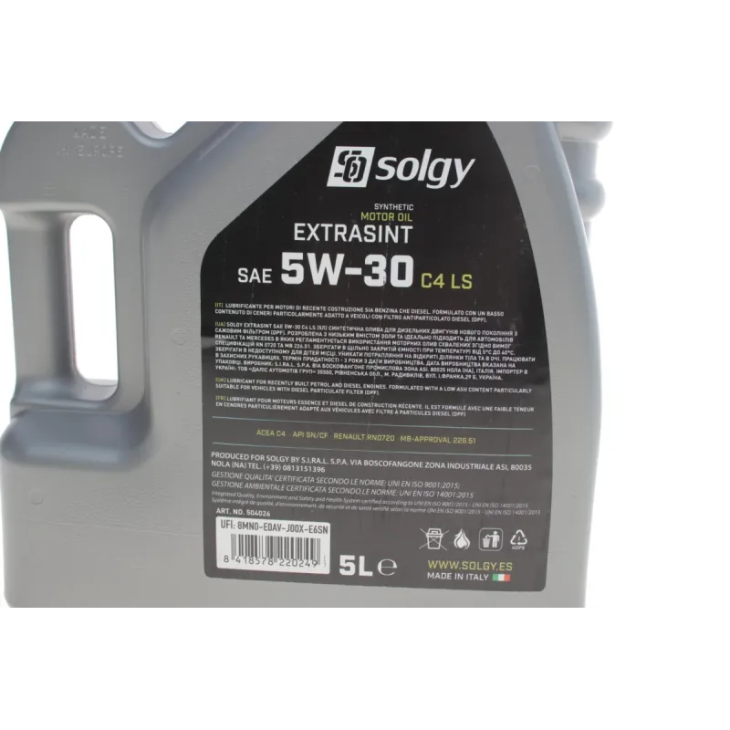 Моторна олива SOLGY EXTRASINT C4 LS 5W-30 5л (RN 0720/MB226.51/API SN/CF/ACEA C4) 504026