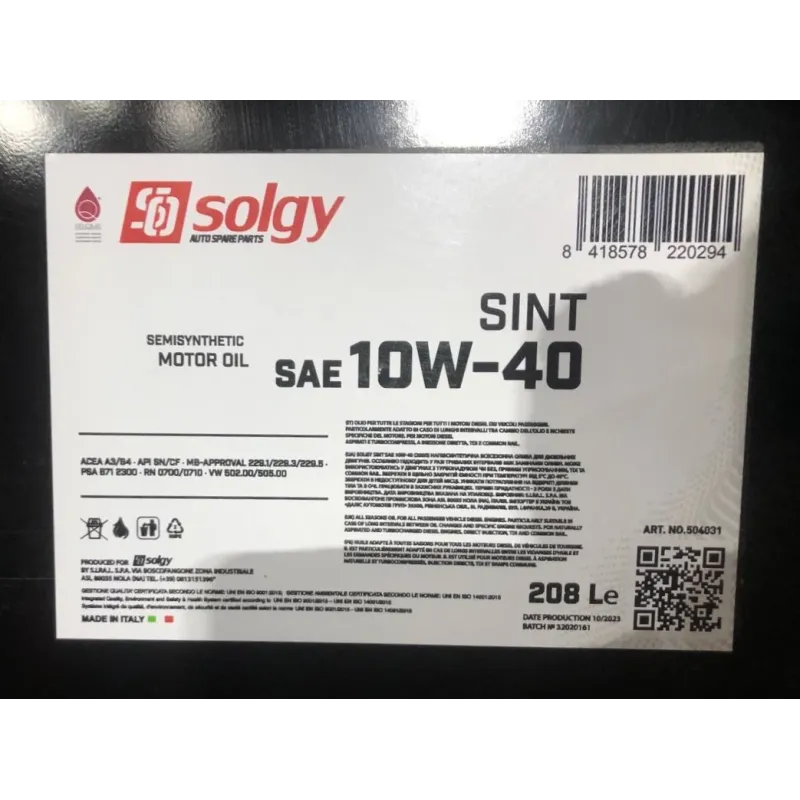 Моторна олива SOLGY SINT 10W40 208л SN/CF/A3/B4/Mercedes-Benz 229.5/229.1/229.3/Volkswagen 502.00/505.00/RN0700/RN0710 504031