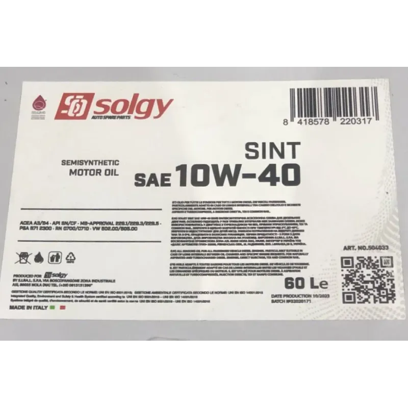 Моторна олива SOLGY SINT 10W40 SN/CF/A3/B4/MB 229.5/229.1/229.3/VW 502.00/505.00/RN0700/RN0710 504033 60л