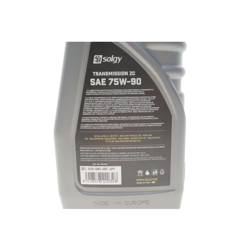 Трансмісійна олива SOLGY 75W90 ZC (1L) API GL4/GL-5/MB 235.0/MB 235.8/MAN 341 Type E2, артикул 504036