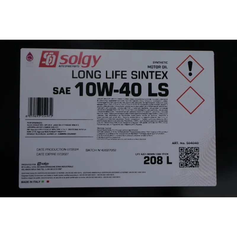 Моторна олива SOLGY SINTEX LS 10W-40 208л (MB 228.51/228.31, ACEA E4/E6/E7/E9) 504040