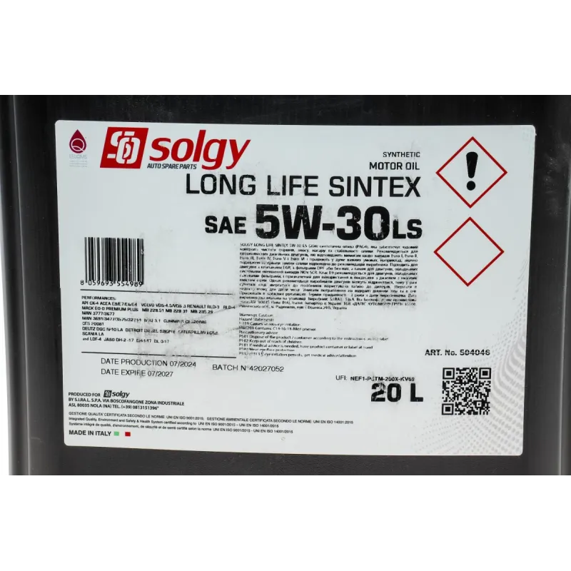 Моторна олива SOLGY SINTEX LS 5W30 LONG LIFE 20L (MAN M3477/MB 235.28/Volvo VDS-4/VDS-3/RENAULT RLD-3/RLD-4) 504046