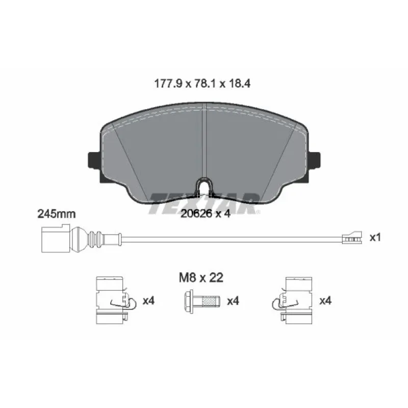 Колодки гальмівні передні TEXTAR 2062601 для VW Golf VIII, Tiguan 2020-, 177.9x78.1 мм