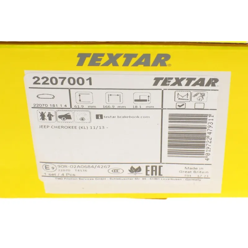 Колодки гальмівні передні TEXTAR 2207001 для Jeep Cherokee KL 2013-, 166.9x61.9 мм