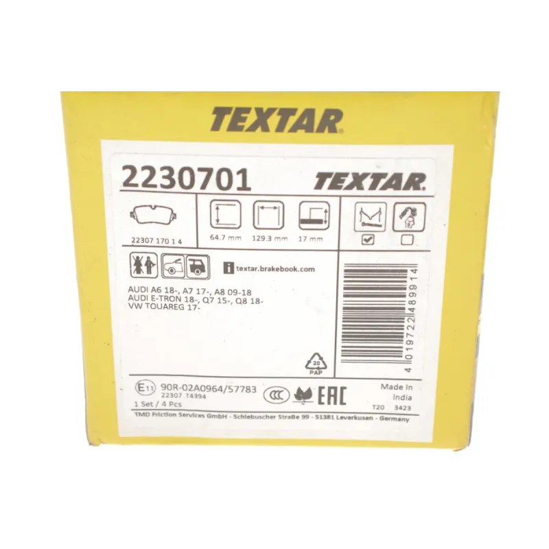 Колодки гальмівні задні TEXTAR 2230701 для Audi A6/A7/A8/Q7/Q8, VW Touareg 2016-, 17 мм