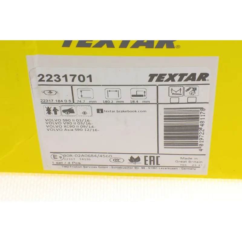 Колодки гальмівні передні TEXTAR 2231701 для Volvo S60/V60/XC60/XC90, 180.2x74.6 мм