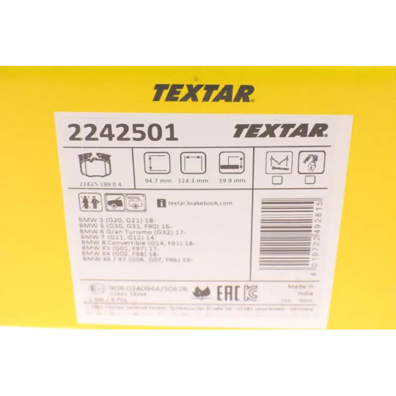 Колодки гальмівні передні TEXTAR 2242501 для BMW 3 (G20) 126.2x94.7x19.9 мм
