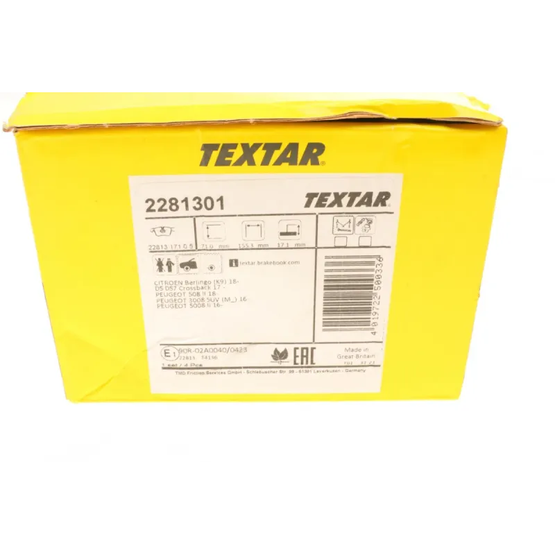 Колодки гальмівні передні TEXTAR 2281301 для Citroen Berlingo, Peugeot 3008, Opel Combo, 155.3x71x17.1 мм