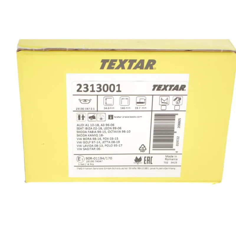 Колодки гальмівні передні TEXTAR 2313001 для Volkswagen Caddy 2003-, Audi A3 1996-2003, Seat Ibiza IV 2002-2009, 19.7 мм