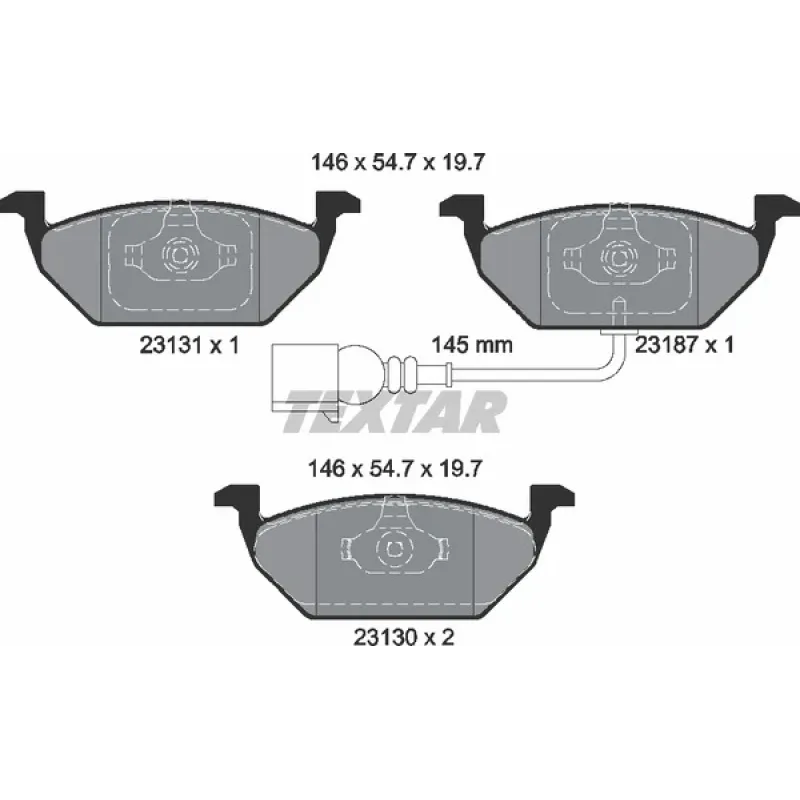 Колодки гальмівні передні TEXTAR 2313101 для Volkswagen Caddy 2003-, Audi A3, Seat Altea, 146x54.7x19.7 мм (з датчиком)