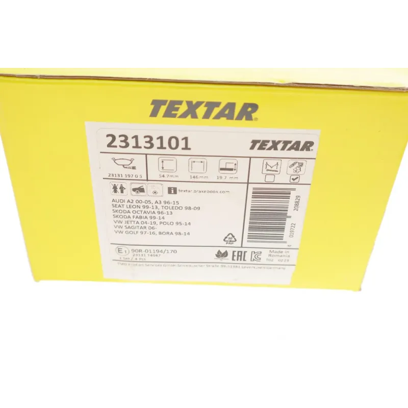 Колодки гальмівні передні TEXTAR 2313101 для Volkswagen Caddy 2003-, Audi A3, Seat Altea, 146x54.7x19.7 мм (з датчиком)