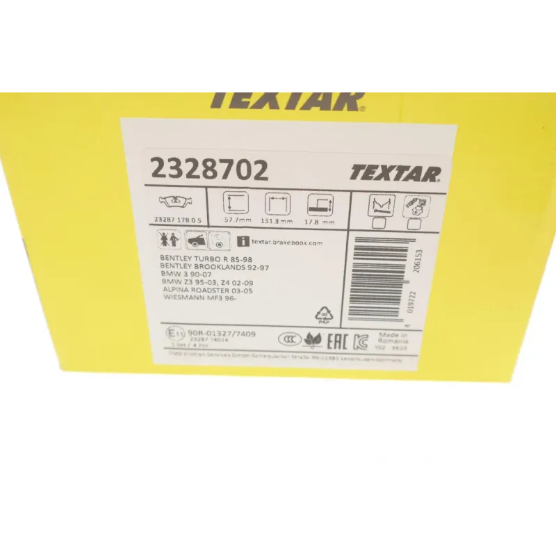 Колодки гальмівні передні TEXTAR 2328702 для BMW 3 (E36/E46) 1990-2005, Teves, 151.3x57.7 мм