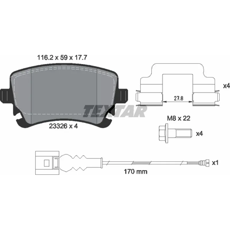 Колодки гальмівні задні TEXTAR 2332602 для Volkswagen T5 Multivan, Kombi, Eurovan (2003-2013), Lucas, 116.5x59x17.7 мм