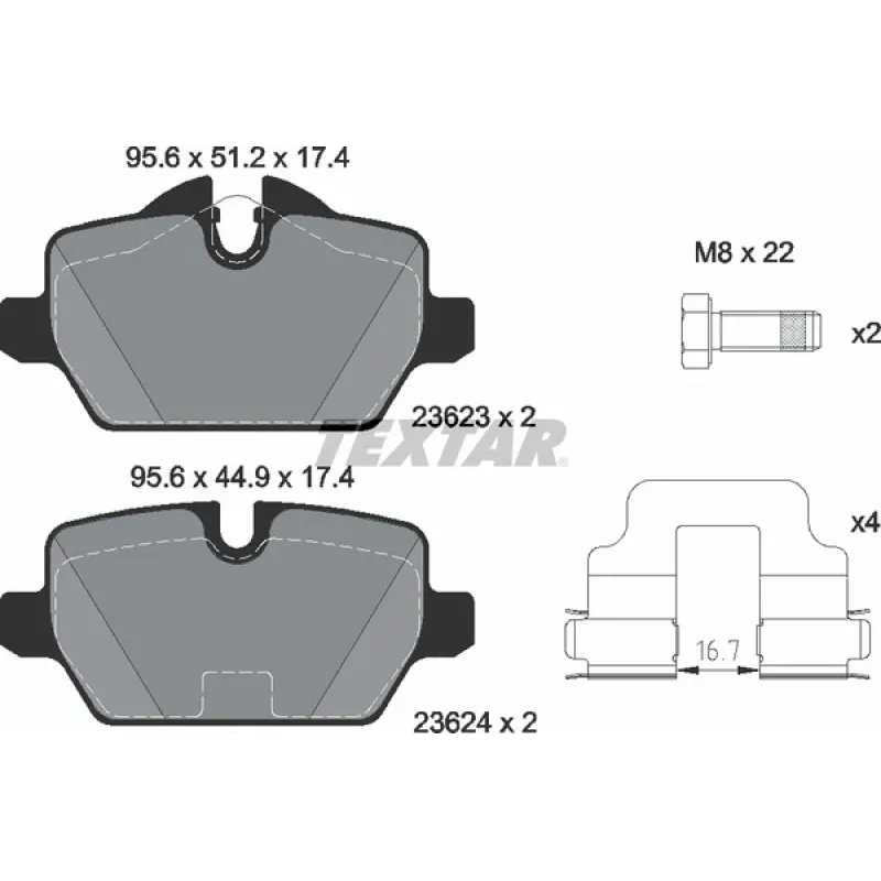 Колодки гальмівні задні TEXTAR 2362303 для BMW 1 (E81/E87) 2003-2012, 3 (E90/E92) 2005-2011, 95.4x51.9x17.4 мм