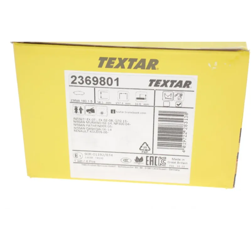 Колодки гальмівні передні TEXTAR 2369801 для Renault Koleos, Nissan Qashqai, Infiniti EX, Sumitomo