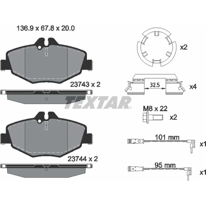 Колодки гальмівні передні TEXTAR 2374303 для Mercedes-Benz E-Class W211 2002-2008, 136.9x67.8x20 мм