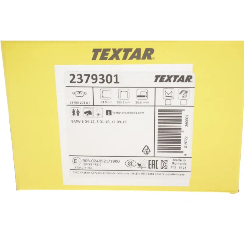 Колодки гальмівні передні TEXTAR 2379301 для BMW 5 (E60/E61) 2003-2010, 155.3x63.9 мм