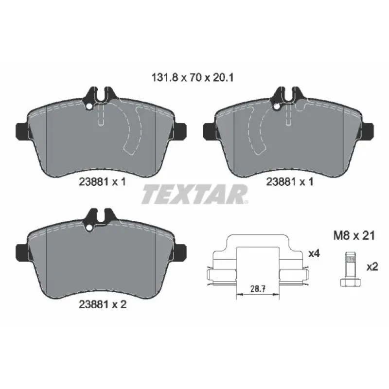 Колодки гальмівні передні TEXTAR 2388101 для Mercedes-Benz A-Class W169/B-Class W245 2004-2012, 70x131.8x20.1 мм
