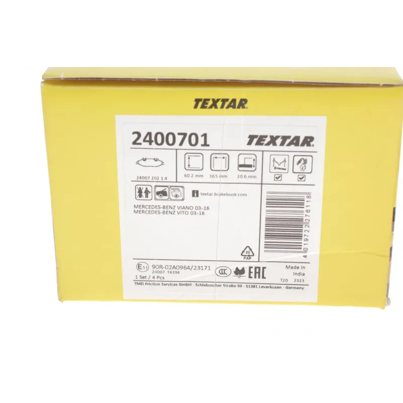 Колодки гальмівні передні TEXTAR 2400701 для Mercedes-Benz Vito/Viano W639 (2003-), Bosch, 165.1x62x20.6 мм