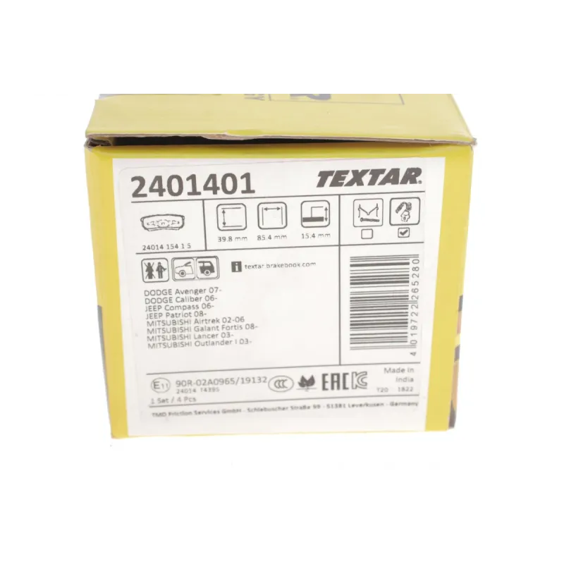 Колодки гальмівні задні TEXTAR 2401401 для Mitsubishi Outlander, Lancer, Chrysler 200, Dodge Avenger, Jeep Compass, 15.4 мм