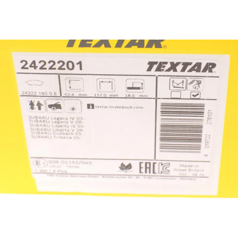 Колодки гальмівні передні TEXTAR 2422201 для Subaru Forester, Legacy, Impreza (Akebono) 157x63.4x18 мм
