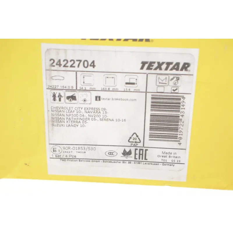 Колодки гальмівні передні TEXTAR 2422704 для Nissan Leaf, Navara, Pathfinder (163.8x54.1x15.4 мм)