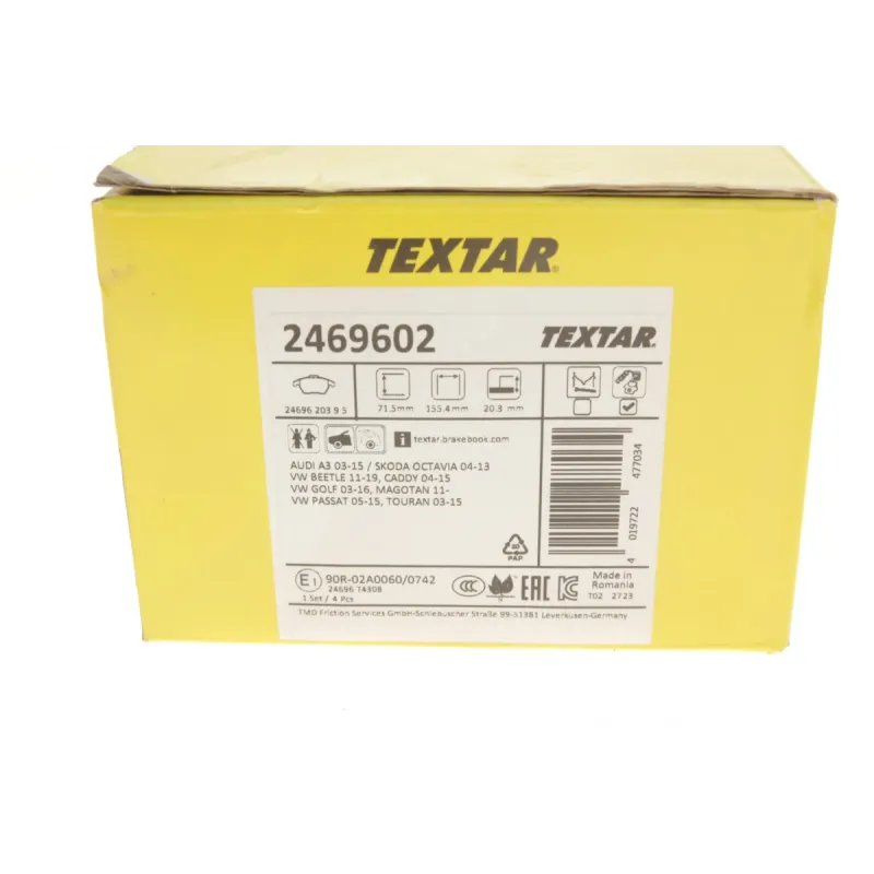 Колодки гальмівні передні TEXTAR 2469602 для Volkswagen Caddy 2003-, Audi A3 8P 2003-2012, 155.4x71.5 мм