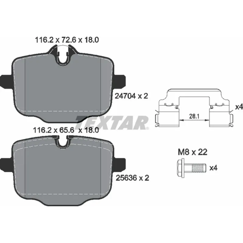 Колодки гальмівні задні TEXTAR 2470401 для BMW 5 G30/G31, 7 G11/G12, X5 G05, X6 G06 18.2 мм