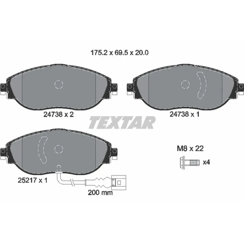 Колодки гальмівні передні TEXTAR 2473803 для Audi A3, VW Golf, Skoda Octavia III з датчиком, 175.2 мм