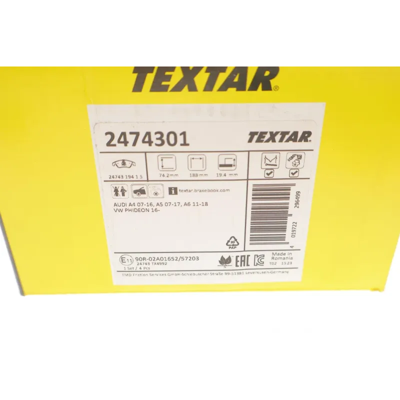Колодки гальмівні передні TEXTAR 2474301 Audi A4 B8/A5/A7 (Lucas) 188.2x73.5x19.4 мм