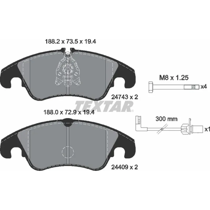 Колодки гальмівні передні TEXTAR 2474301 Audi A4 B8/A5/A7 (Lucas) 188.2x73.5x19.4 мм
