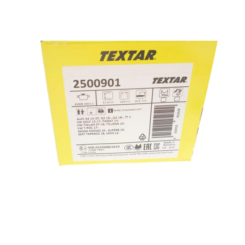Колодки гальмівні задні TEXTAR 2500901 для VW Golf/Touran 1.0-2.0 TDI 2012-, 16.4 мм