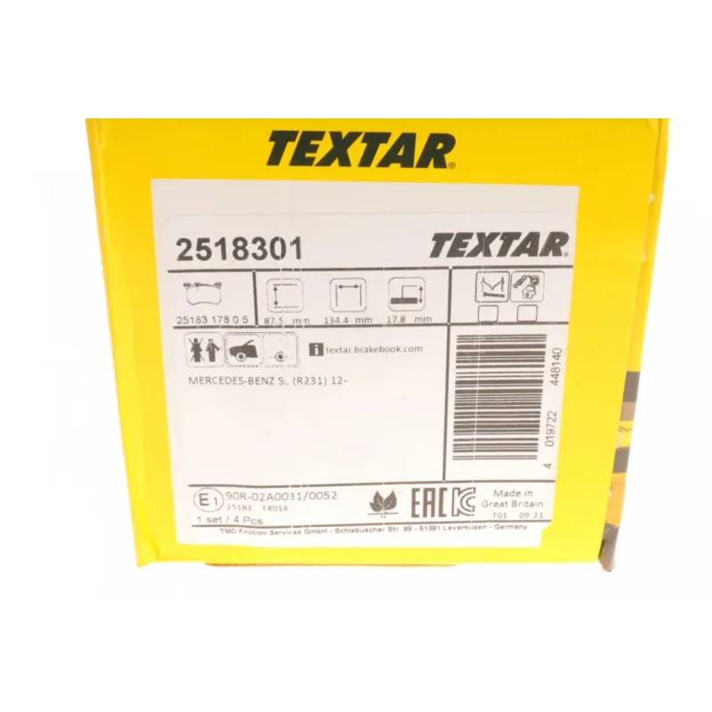 Колодки гальмівні передні TEXTAR 2518301 для Mercedes-Benz S-Class W222, SL R231 (Brembo) 134.7x87.5 мм