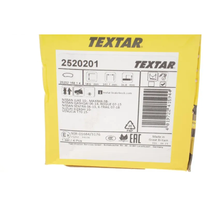 Колодки гальмівні передні TEXTAR 2520201 для Nissan Qashqai J10/T31, X-Trail T31, 141.9x58.6x16.8 мм
