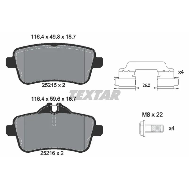 Колодки гальмівні задні TEXTAR 2521501 для Mercedes-Benz ML-Class W166, GL-Class X166, AMG W176 2011-, 116.4x49.8x18.7 мм