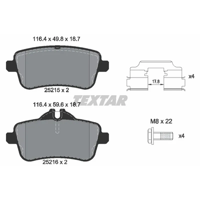 Колодки гальмівні задні TEXTAR 2521502 для Mercedes-Benz M-Class W166/GLE W166 2011-2018, 116.4x49.8x18.7 мм