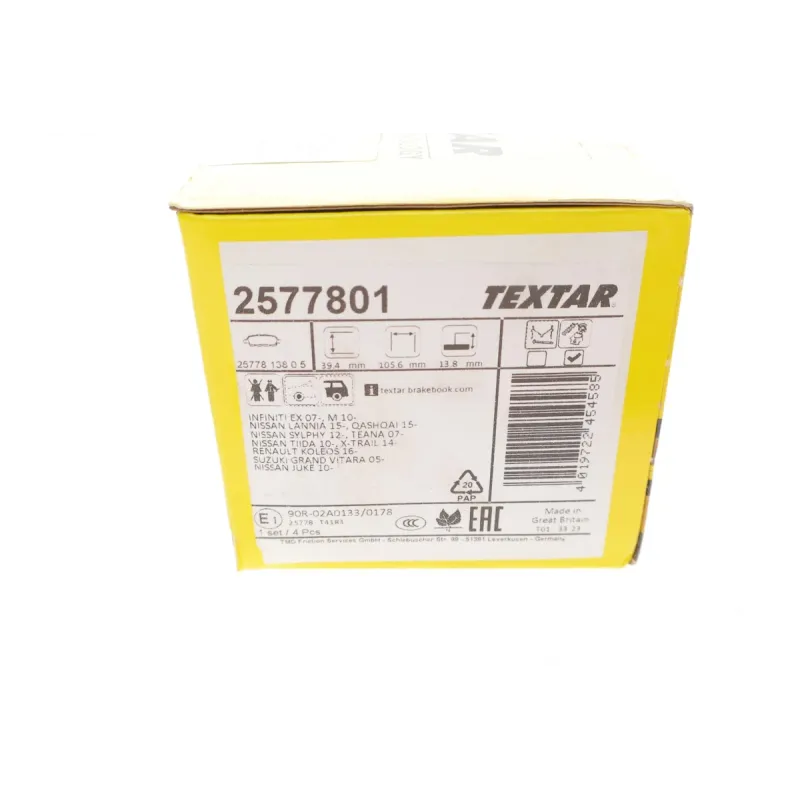 Колодки гальмівні задні TEXTAR 2577801 для Nissan Juke, X-Trail, Infiniti EX, FX, G, M, Q50, Q60, Q70, QX50, 105.6x39.4x13.8 мм