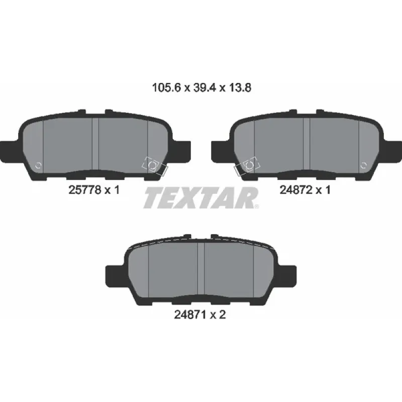 Колодки гальмівні задні TEXTAR 2577801 для Nissan Juke, X-Trail, Infiniti EX, FX, G, M, Q50, Q60, Q70, QX50, 105.6x39.4x13.8 мм