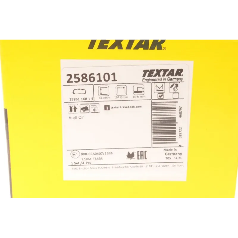 Колодки гальмівні передні TEXTAR 2586101 для Audi A4/A5/Q7, VW Touareg, 74x194x16.8 мм