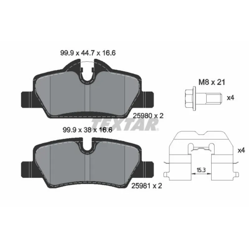 Колодки гальмівні задні TEXTAR 2598001 для Mini Cooper/One (F55/F56/F57) 2013-, 99.9x44.7x16.6 мм