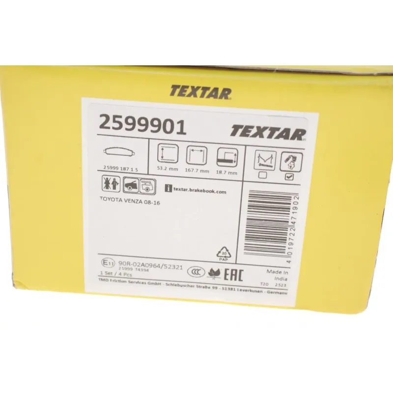 Колодки гальмівні передні TEXTAR 2599901 для Toyota Venza 2.7/3.5 2008-2016 (167.7x53.2x18.7 мм)