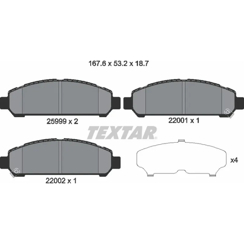 Колодки гальмівні передні TEXTAR 2599901 для Toyota Venza 2.7/3.5 2008-2016 (167.7x53.2x18.7 мм)