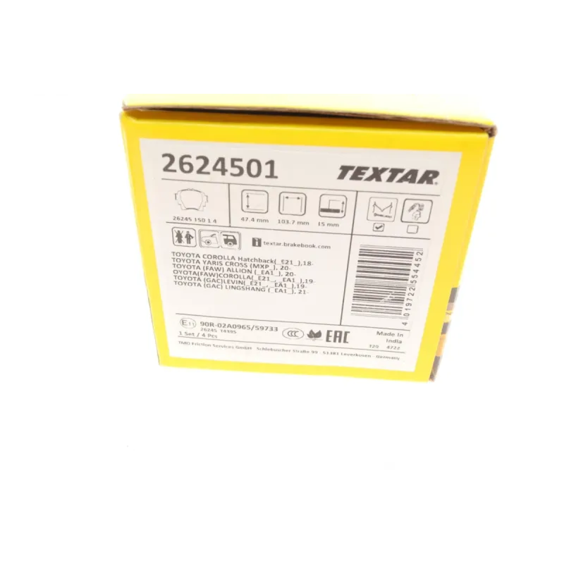 Колодки гальмівні задні TEXTAR 2624501 для Toyota Corolla 19-, Yaris Cross 20- (Advics) 103.7x47.4x15 мм